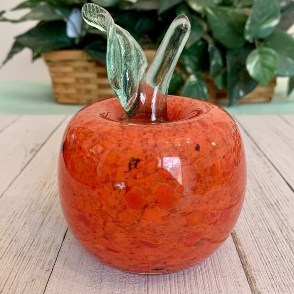 Orange Art Glass Weighted Apple Paperweight With Clear Green Stem Leaf 4 1/2” T - Picture 1 of 15